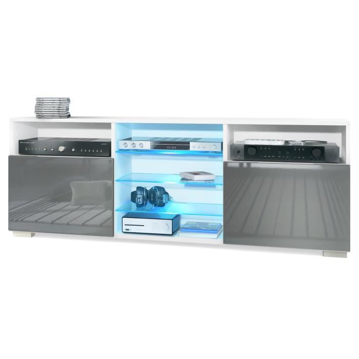 Meuble TV Granada Lowboard avec 2 portes et 6 compartiments ouverts blanc mat-gris haute brillance avec éclairage LED RGB Meuble TV Granada Lowboard avec 2 portes et 6 compartiments ouverts blanc mat-gris haute brillance avec éclairage LED RGB