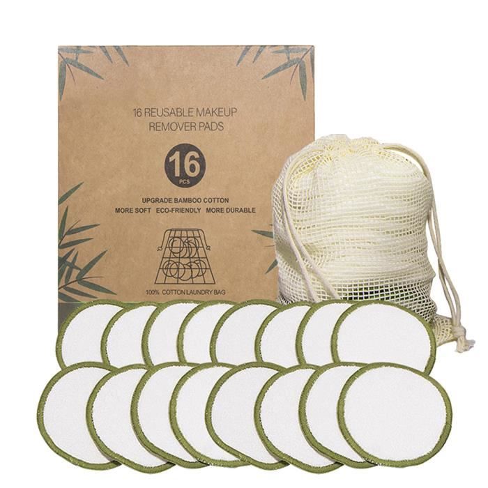 Viedouce 16 pcs R/éutilisable Tampons D/émaquillants,Tampons D/émaquillants Fibre de Bambou,Tampons en Coton /écologiques Lavables pour Lingettes pour Nettoyer le Visage avec Sac de Rangement