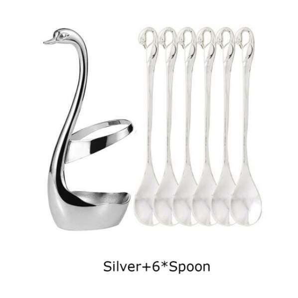 Ensemble 6 Cuillères à Café Avec Support Cygne - Acier Inoxydable - Finition Blanc Et Or - Pour Café, Dessert, Décoration - 6