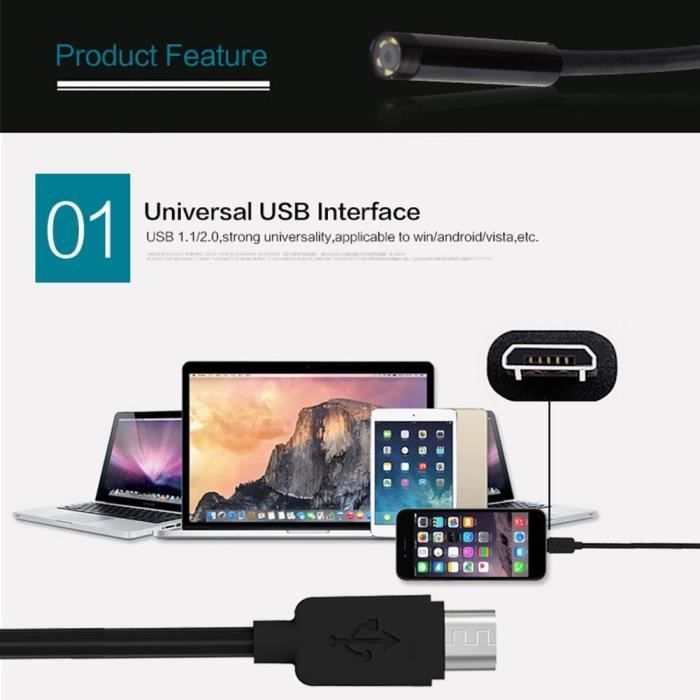 Zerodis mini endoscope pour Android Objectif de caméra de mise au point 7mm 1.5M étanche 6 LED