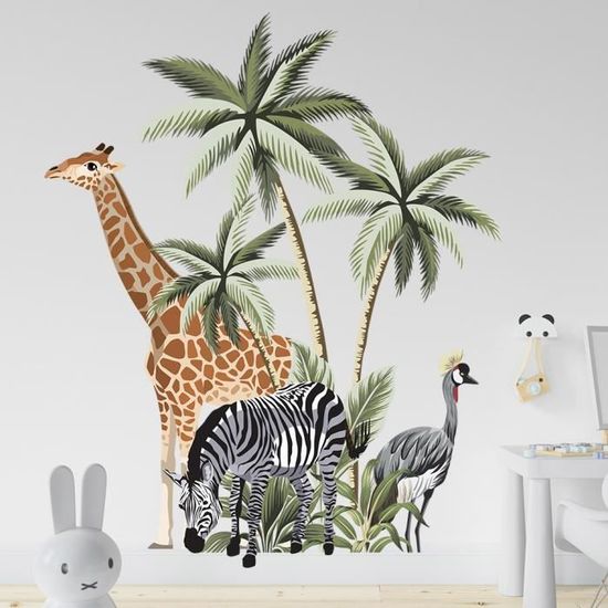 Stickers Muraux Animaux Jungle Tanlaby - Girafe Zèbre Éléphant Pour Chambre Bébé Et Enfant