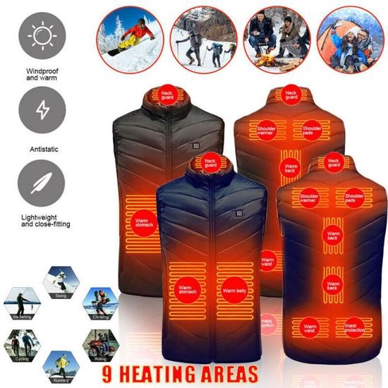 Gilet Chauffant électrique Homme 9 Zones - Lavable, 3 Températures, Alimentation USB - Pour Ski, Randonnée, Extérieur - 4