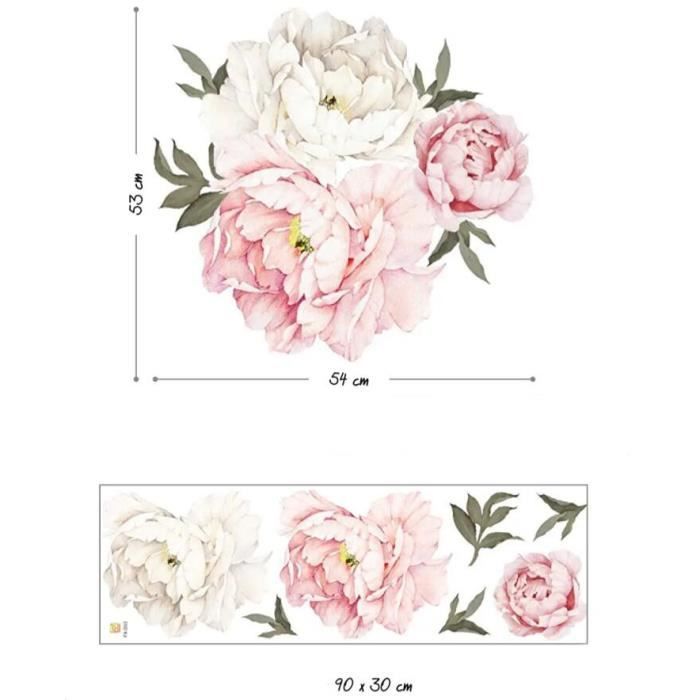 Sticker Mural - PIVOINE - 3x Autocollants - Rose et Blanc - Fleurs ...