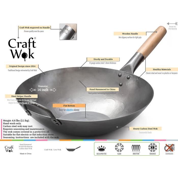 731W316 Wok En Acier Au Carbone Martelé À La Main Avec Poignée En Bois Et Acier Fond Plat 35,6