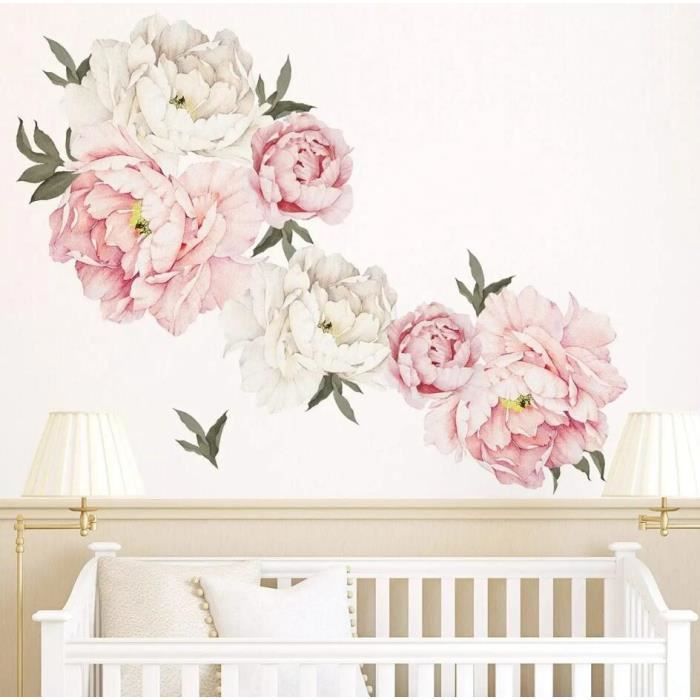 Sticker Mural - PIVOINE - 3x Autocollants - Rose et Blanc - Fleurs ...