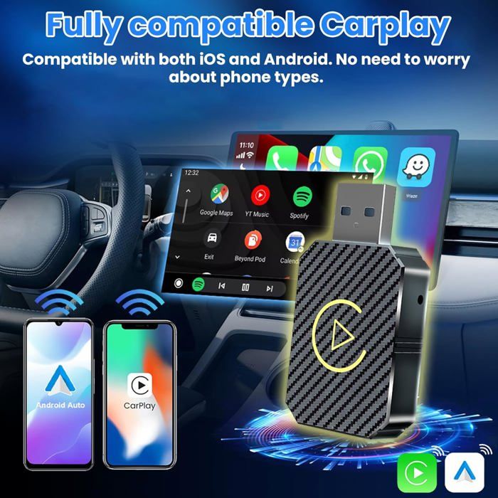 Adaptateur Carplay Sans Fil 2-en-1 - Compatible Android Auto, Pour Voitures Avec Carplay Ou AA, USB-C/A, Noir