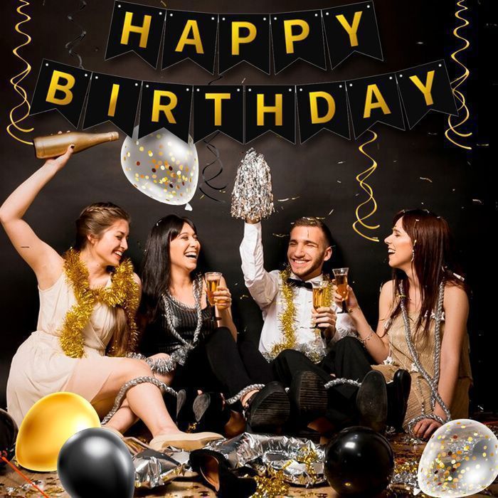 Set De Vaisselle Jetable Anniversaire Ballons Noir Et Or - 25 Couverts - Neuf