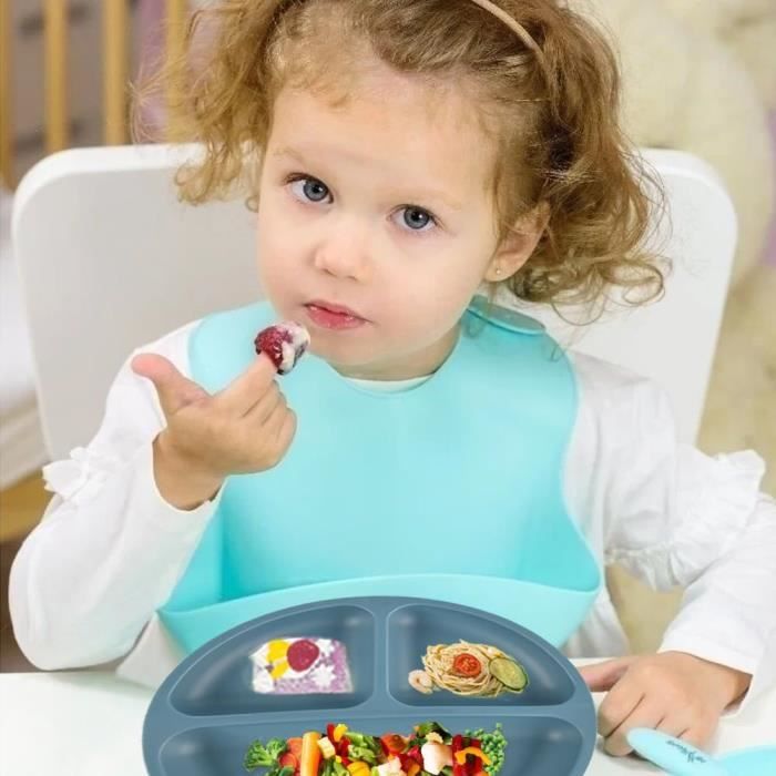 Lot De 2 Assiettes Ventouse Bébé Avec Couverts - Silicone Sans BPA, Compartimentées - Bleu Et Rouge
