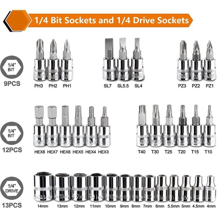 Vend coffret de 46 pièces clé douilles de 4 à 14 mn vanadium chrome accessoires et embouts en 1/4 - Bricolage