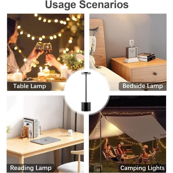 Lampe de table sans fil rechargeable usb, lumiere bureau LED tactile  puissante pile, 3 températures de couleur, pour chevet, interieur,  exterieur