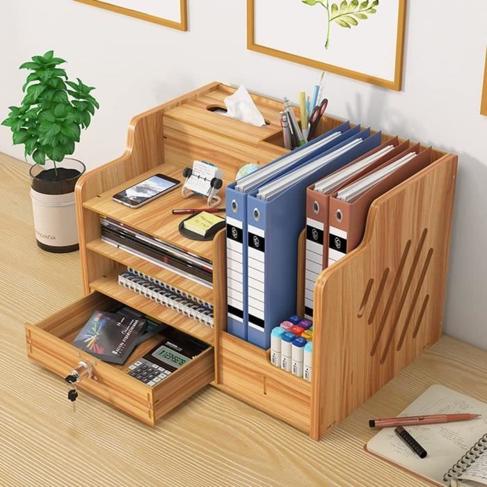 Organiseur De Bureau En Bambou Avec Tiroir - Range Stylos, Carnets - Design Naturel - 24,5x15x11cm