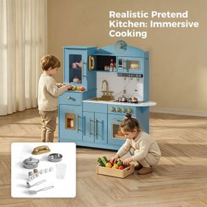 Cuisine Eenfant En Bois Avec Lumières & Sons, Accessoires Inclus, Robinet Fonctionnel, Pour Enfants Dès 3 Ans, Blanc Et Or