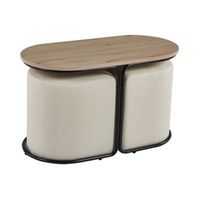 NADIA - Ensemble table basse couleur bois avec 2 poufs encastrables en tissu beige