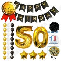TD® Ballons Happy Birthday 50ème Anniversaire - Fournitures Décorations 50 Ans- Noir et Or Gros Ballon Aluminium & Latex