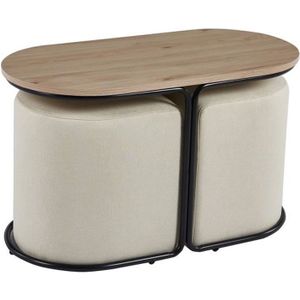 TABLE BASSE NADIA - Ensemble table basse couleur bois avec 2 poufs encastrables en tissu beige