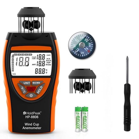 H HOLDPEAK Anémomètre Portable 866B – Compteur Vent Précis Avec Rétroéclairage, Max/Min/Moyenne, Pour Drone, Voile, Surf, Cerf-volant