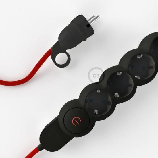 Bloc multiprise avec câble en tissu de couleur effet soie Rouge RM09 et  fiche schuko avec anneau confort
