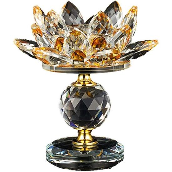 Jaune Fleur De Lotus Cristal, 6,3 Pouces Lotus Fleur Cristal Bougeoir, Bougeoir Bouddhiste en Verre Cristal, Photophore pour La Déco