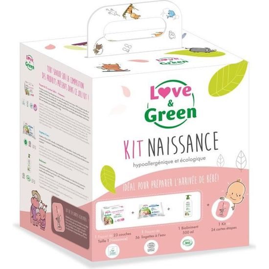 Kit naissance Love & Green - 1 paquet de T1 + 1 paquet de lingettes + 1 Bio liniment + 1 lot de 24 cartes étapes