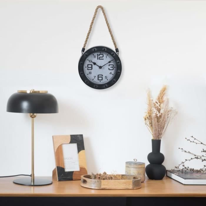 NEUF©Luxueux Magnifique - Horloge Murale Design Vintage MODERNE - Horloge Murales Silencieuseavec corde Noir 20 cm Métal et MDF❄8901