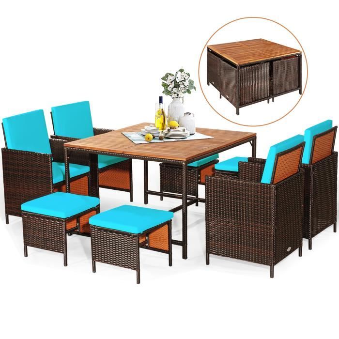 COSTWAY Salon de Jardin Encastrable 9 PCS avec Coussins, Ensemble Meuble en Rotin PE pour Véranda, Patio, Jardin, Terrasse, Piscine