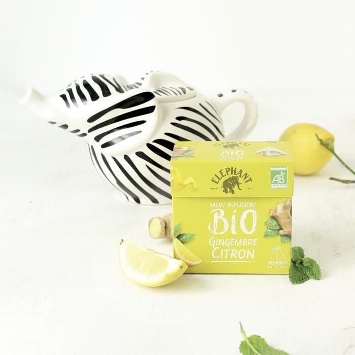 ELEPHANT Infusion Bio Gingembre Citron Avec Théière Eléphant en porcelaine - 20 sachets Pyramid