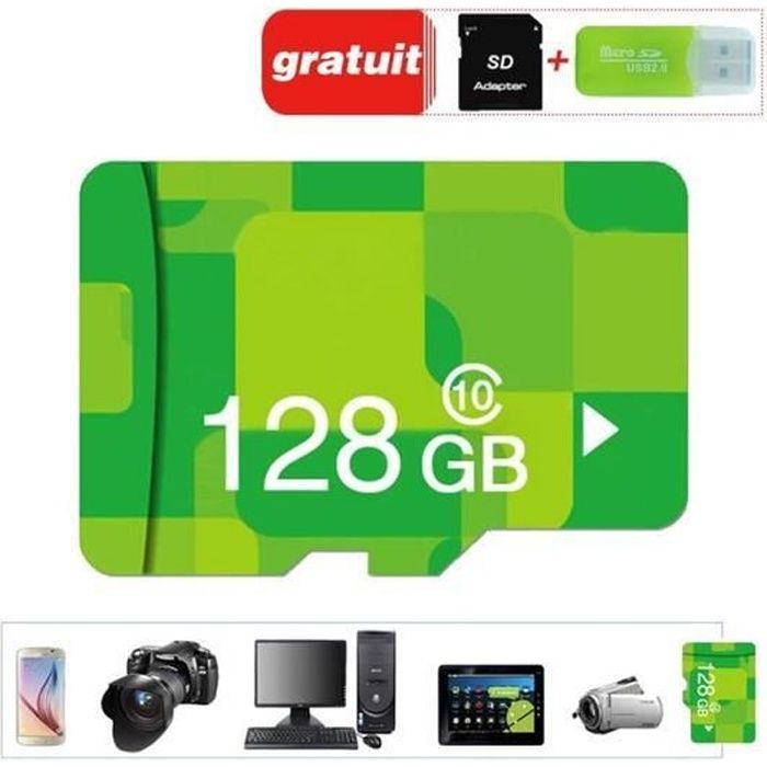 Carte Mémoire Micro SD 128go Class 10 Adaptateur sd + lecteur de cartes Vert