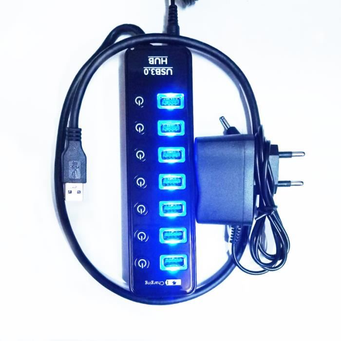 Multiprise USB 3.0 avec 7 ports avec indicateur LED et interrupteurs individuels pour economiser l'énergie