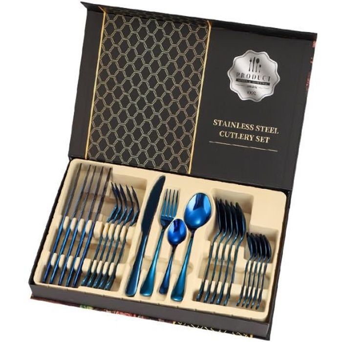 GOBRO Set de couverts 24 pièces en acier inoxydable avec boîte cadeau, passe au lave-vaisselle - Bleu