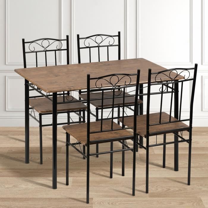 Ensemble table et 4 chaises, table et chaises avec finition grain de bois foncé, pieds en métal noir