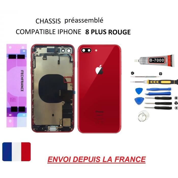 Châssis arrière préassemblé compatible iphone 8 plus ROUGE vitre arrière, qualité origine, dos en verre, kit outil tournevis profess