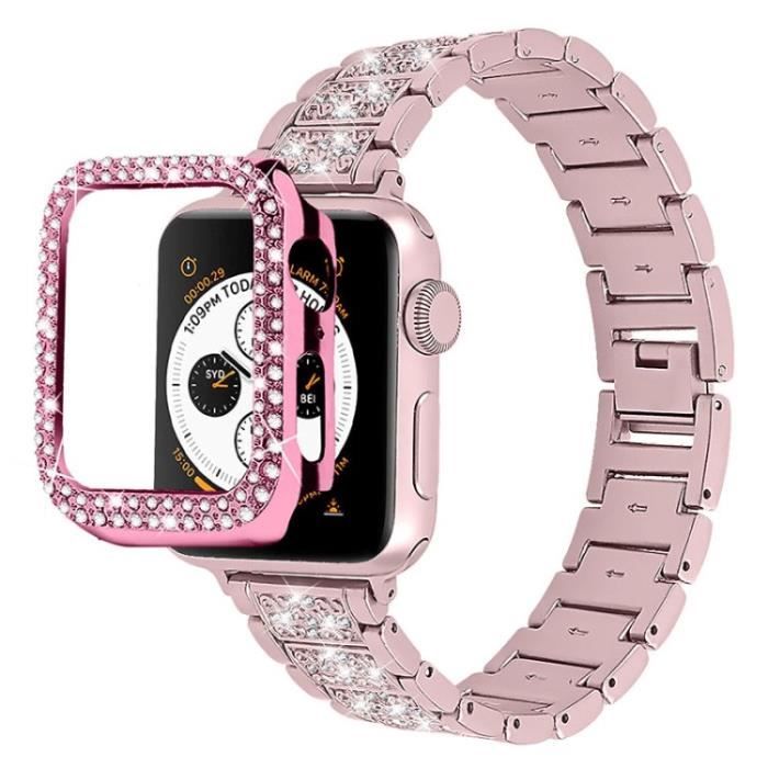 3 Perles Strasscor Sangle Montre + Bracelet Couverture Montre Pour Apple Watch Series 1-2-3 42Mm - Rose