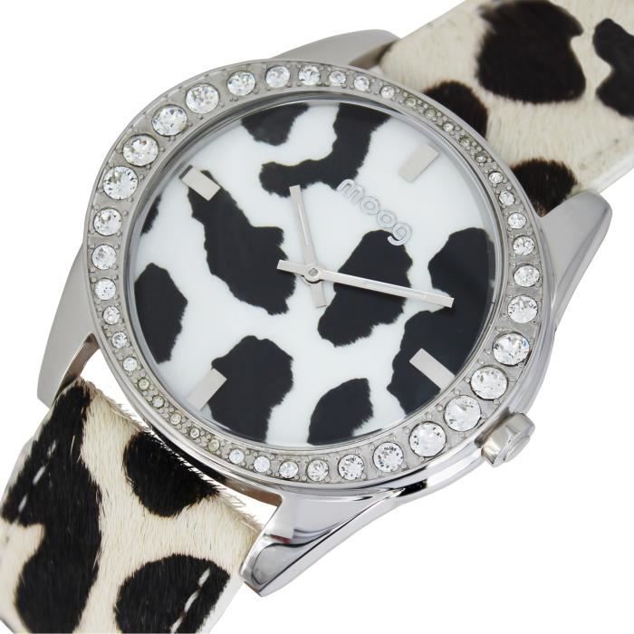 Montre Femme Moog Paris Safari avec Cadran Noir et Blanc, Eléments Swarovski, Bracelet Blanc et Noir en Cuir Véritable - M45632-703