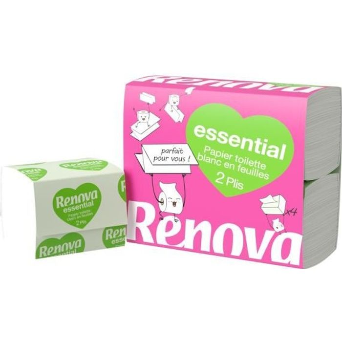 RENOVA Papier toilette Plat Carré en feuille 2 plis - Paquet de 4 blocs
