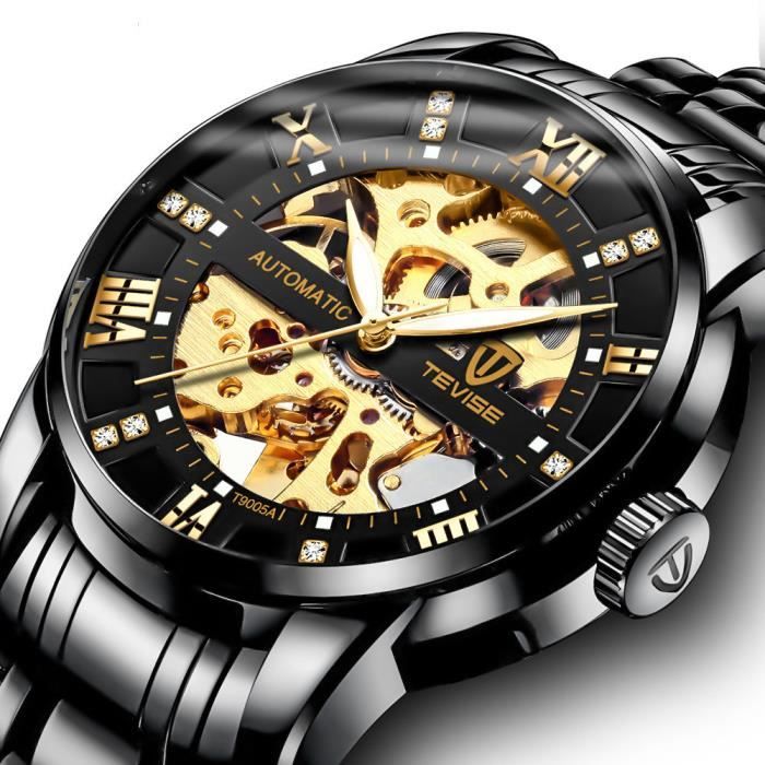 Montre Homme Mécanique Automatique Squelette Remontoir Acier Etanche Montres Hommes Creux Chiffres Romains avce Luxe Diamants