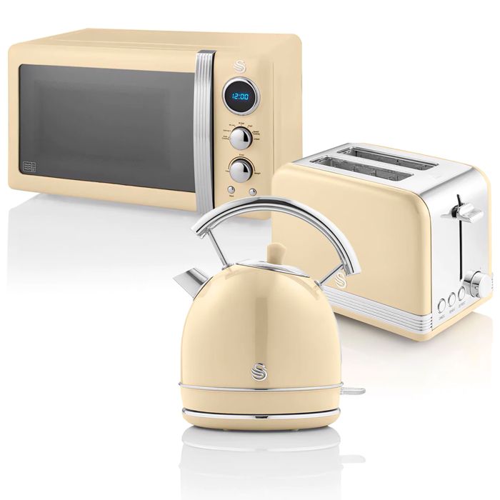 Retro Set Petit-Déjeuner Bouilloire 1,8L Grille-Pain 2 Tranches Micro-ondes 20L SWAN STRP2070CNEU Crème 57959