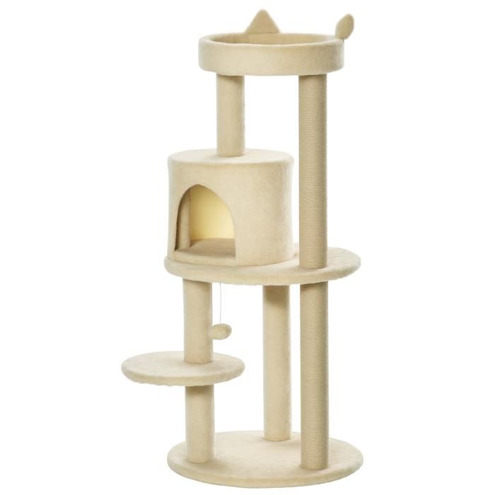 Arbre à chats PawHut multi-équipements griffoirs grattoirs plateformes niche jeu boule suspendue Ø 48 x 104H cm crème