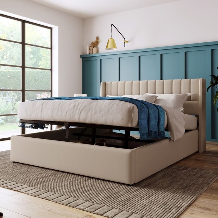 Lit Coffre 160x200 Cm, Lit Avec Tête De Lit Capitonnée Et Rangement Systeme De Stockage A Soulevement Hydraulique Avec 2 Tiroirs En Bout De Lit Velours Sommier A Lattes Beige 92217483