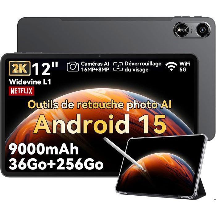 Oscal Pad 100 Tablette Tactile 12 Android 15 2.4G+5G Wifi RAM 36Go ROM 256Go/SD 2To 9000mAh 16MP+8MP Dual SIMMode PC WPS – Gris