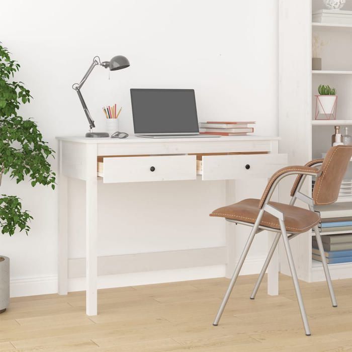 Bureau Informatique - CLOUD - avec tiroirs - Blanc 100x50x78 cm - Bois massif de pin LL189771