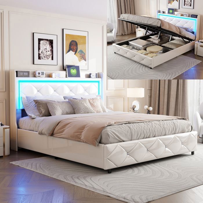 Lit Coffre 160x200 Avec LED Et Ports USB, Lit Deux Place Avec Rangement