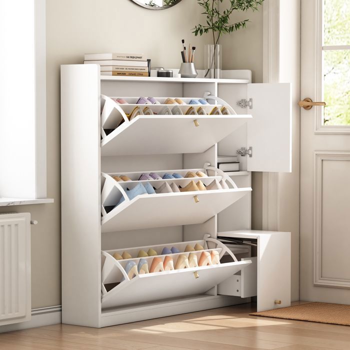 Armoire à chaussures inclinable avec 3 tiroirs rabattables - rangement polyvalent-étagère à chaussures -blanc - 119x24x122cm