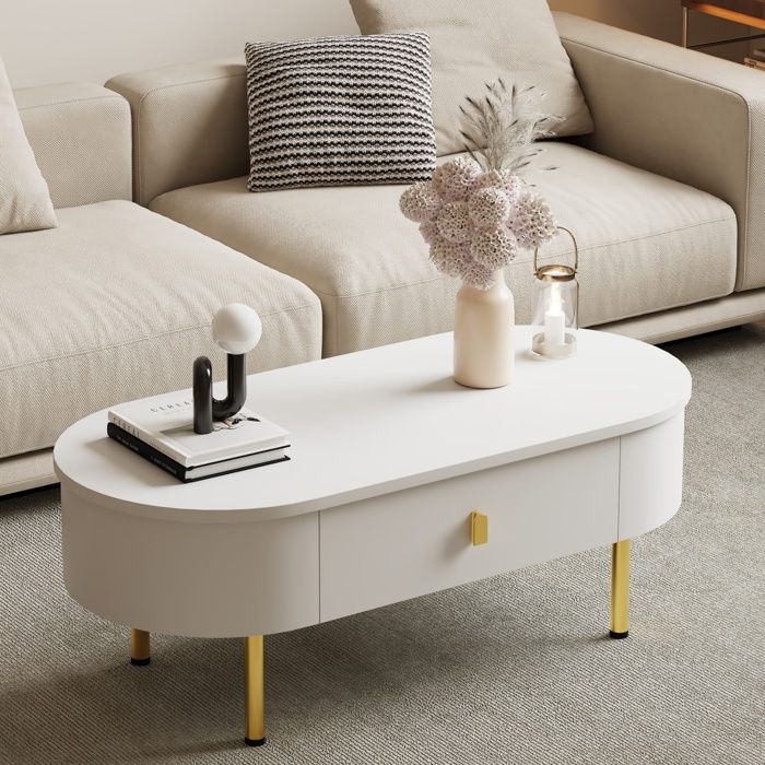 Table basse salon avec 2 Tiroirs Rangement Moderne Meuble Pieds Dorés 108x50x40cm Blanc