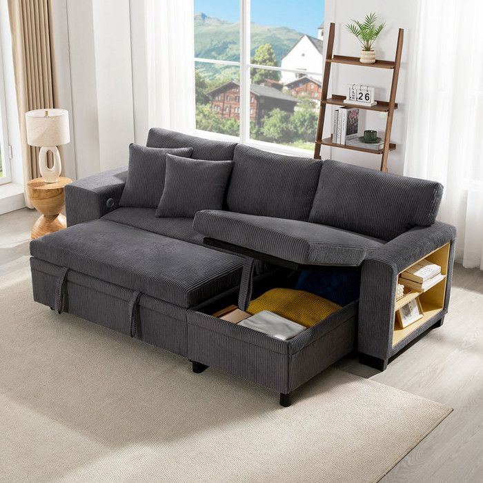 Canapé dangle convertible 3 places en L avec charge USB Canapé avec fonction de lit cadre latéral et espace de stockage Gris