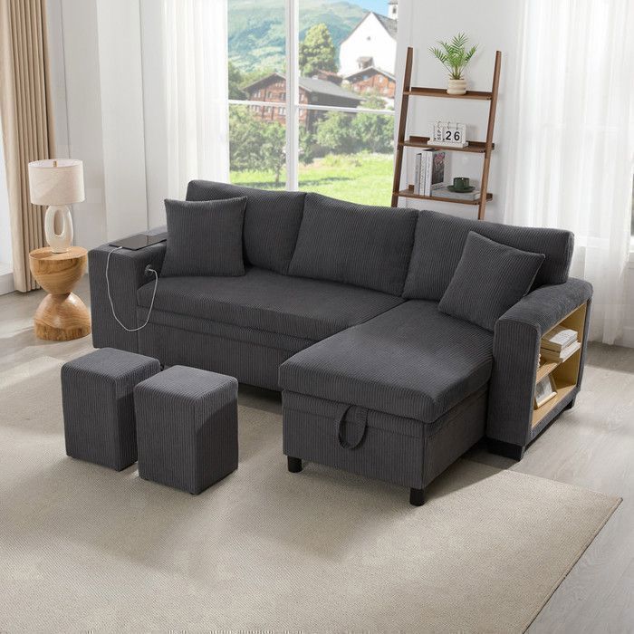 Canapé dangle convertible 3 places Canapé pliant avec ports USB et coussins Canapé lit cadre latéral et espace de stockage