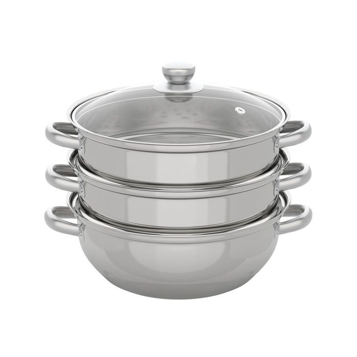 Pot à vapeur - OUKANING - 28 cm - 3 couches - Acier inoxydable - Couvercle en verre