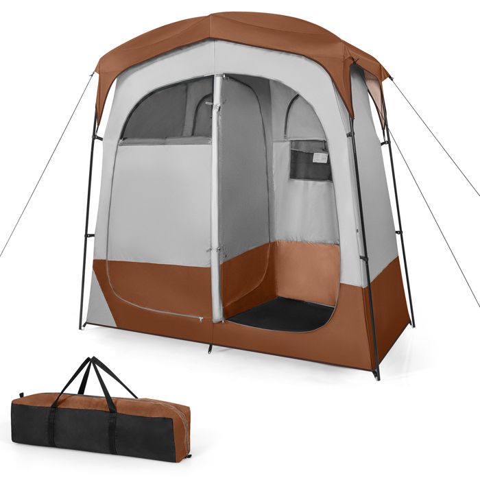 Tente de Douche Portable 2 Personnes COSTWAY en 2 Chambres avec Bâche de Pluie Amovible Corde à Linge Crochet 210x107x210cm Café