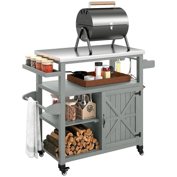 Desserte de cuisine - Outsunny - sur roulettes - plateau en acier inoxydable - étagères ouvertes - bois - 107x495x925cm - gris