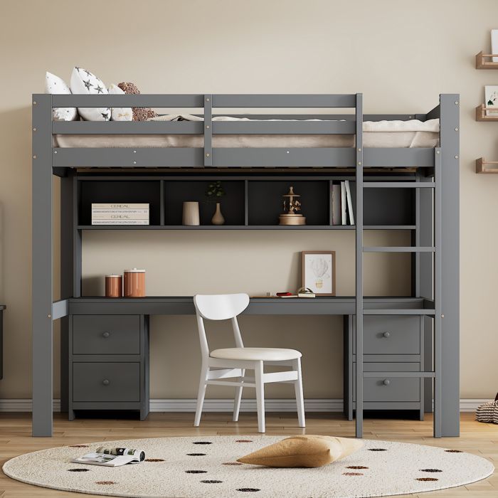 Lit mezzanine 90x200 cm gris en pin massif avec bureau rangements et escalier - sans matelas