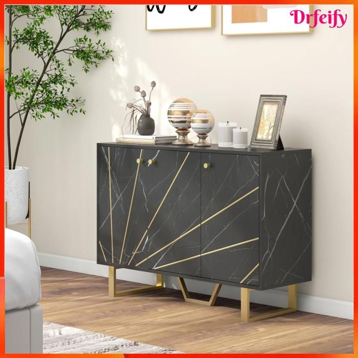 Buffet - AKOZON - 10020 - 3 portes - aspect marbre noir & finitions dorées - étagères réglables